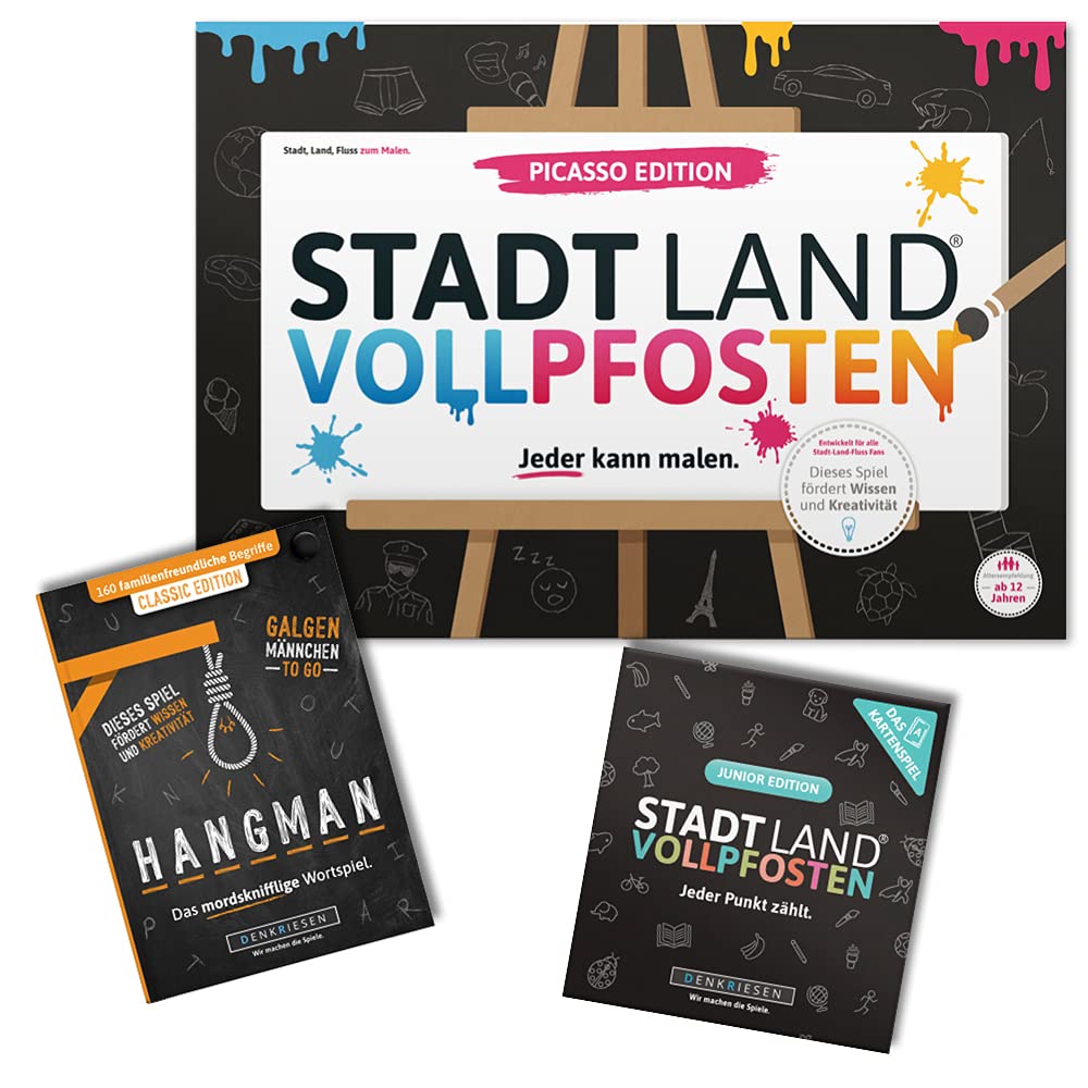DENKRIESEN - Family Pack 2 - City Land Vollpfosten® Picasso Edition + Junior Card Game + Hangman Classic Edition