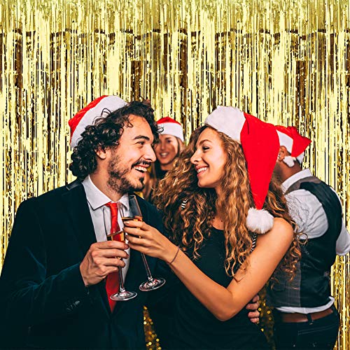 pozzolanas 4 Pack Foil Fringe Curtain Metallic Tinsel Shimmer Party Photo Backdrop Curtains for Birthday, Engagement, Baby Shower, Weddings Party and Celebrations Backdrop Decorations(Gold)