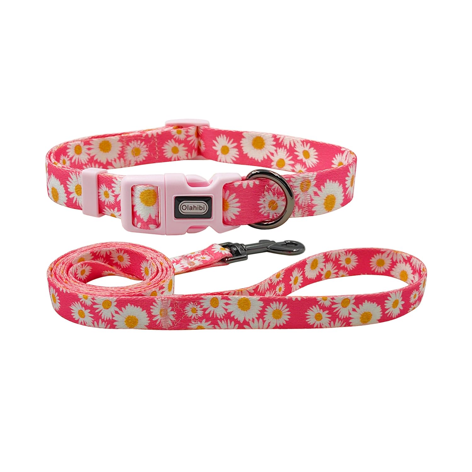 Olahibi Dog Collar Leash Set, Floral Pattern, Polyester Material, Adjustable Collar and 150CM Matching Leash, for Small Dogs.(S,Pink Daisy) — image 1