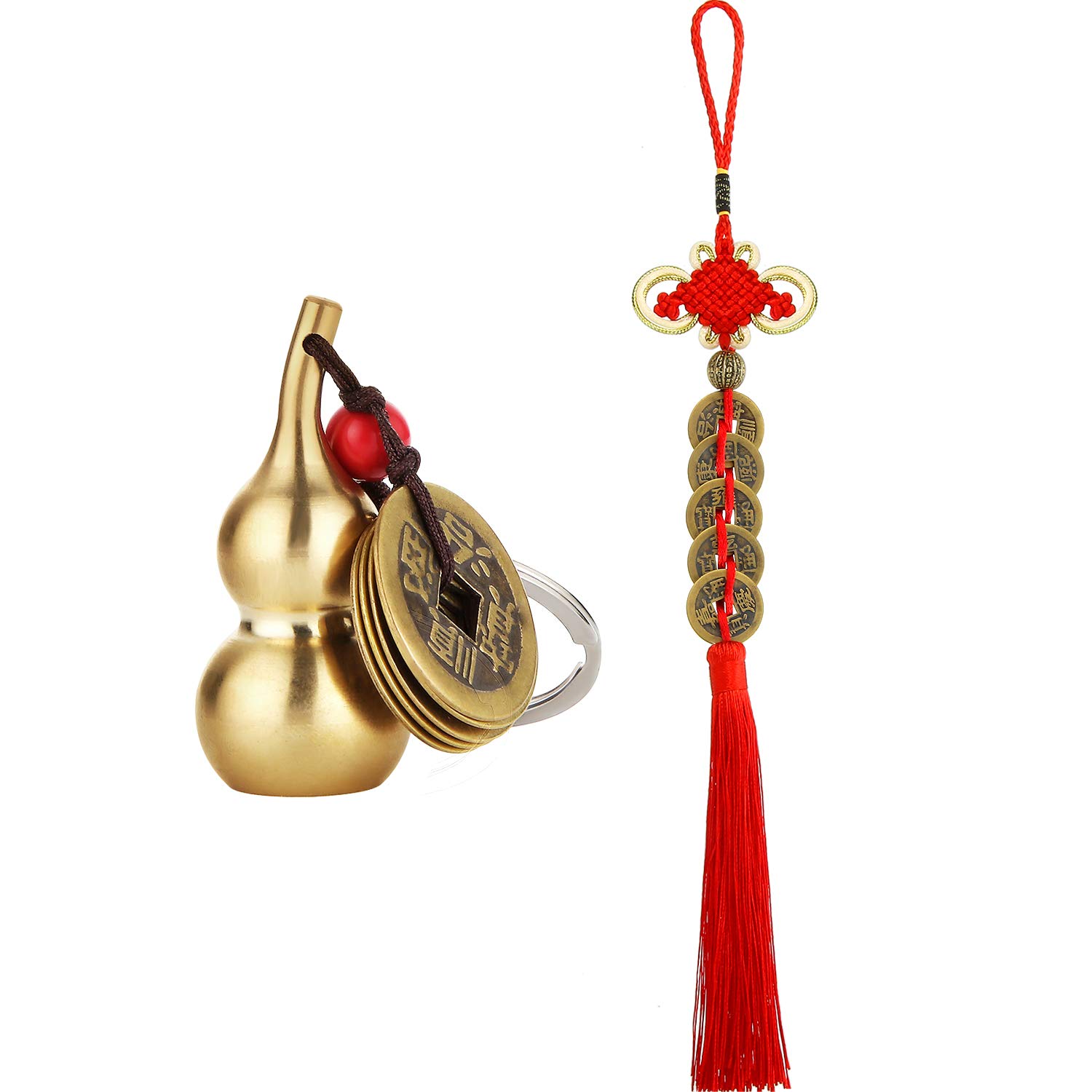 2 Pieces Chinese Coins Feng Shui and Brass Wu Lou Health Amulet Gourd Keychain Chinese Knot Lucky Charms Red String 2024 for Good Luck Fortune Wealth Health Success to Friends Families Lovers