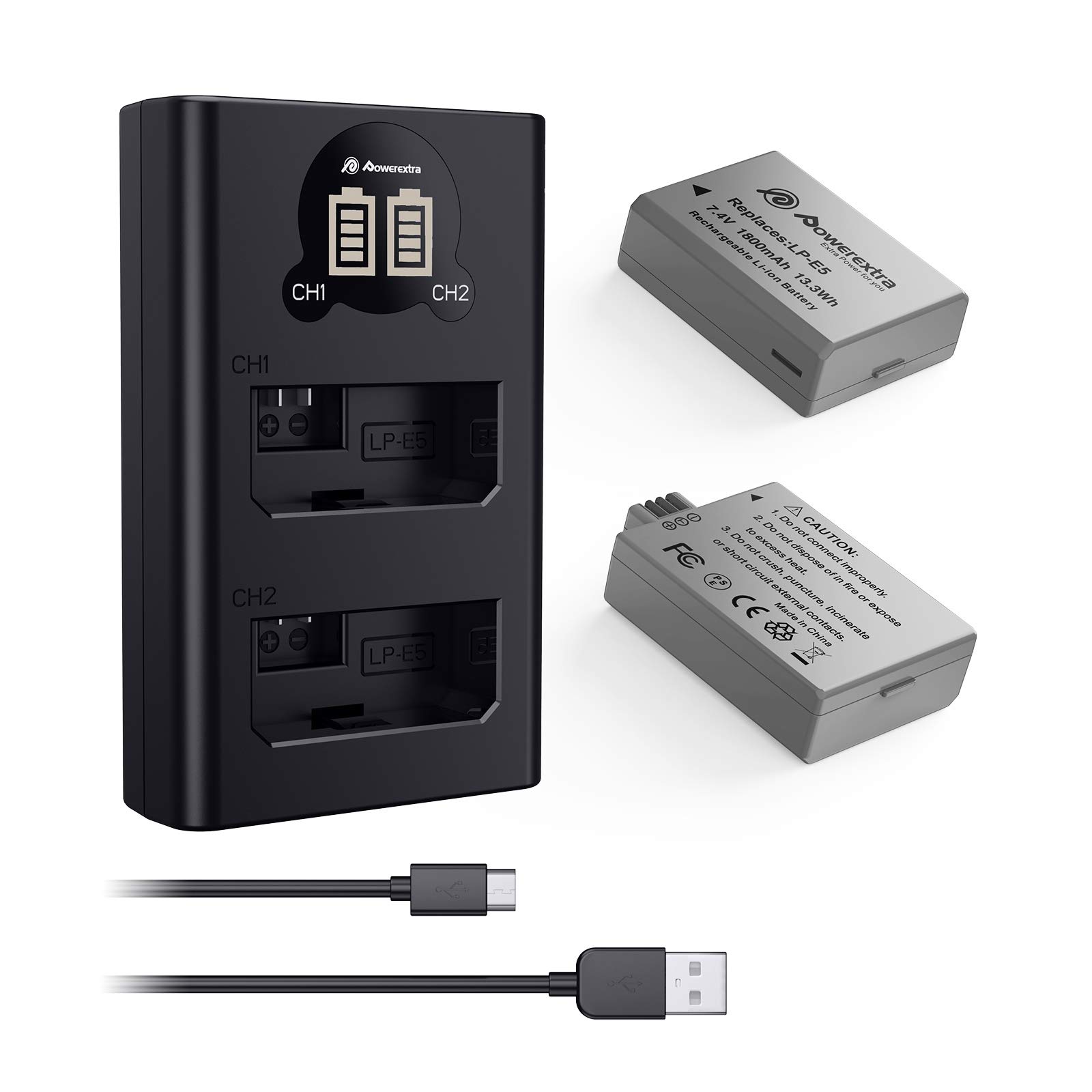 Powerextra 2 X LP-E5 Replacement Battery and Single LCD Battery Charger Compatible with Canon EOS Rebel XS, Rebel T1i, Rebel XSi, 1000D, 500D, 450D, Kiss X3, Kiss X2, Kiss F