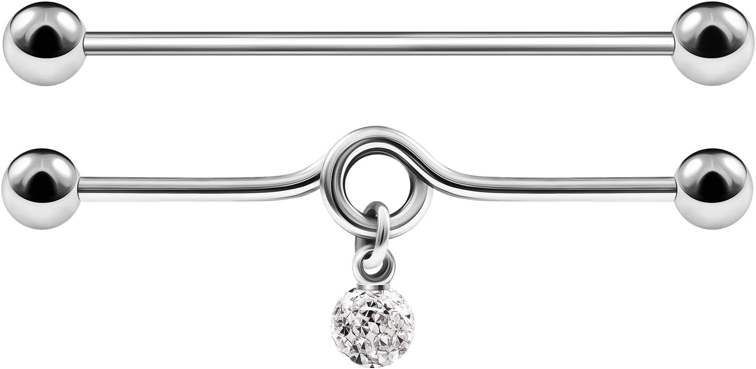 BIG GAUGES Pair of 316L Surgical Steel 14gauges 1.6 mm Industrial 1 1/2"(38mm) Dangling Barbell 5mm Crystal ferido Scaffold Bar Piercing