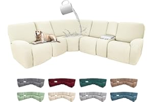 ROFASVCO 100% Waterproof Sectional Recliner Couch Covers for Reclining Couch L Shaped Corner Sectional Sofa Cover Jacquard Stretch L Shape Recliner Slipcovers (5 Seater 1 Console Cover, Light Beige)