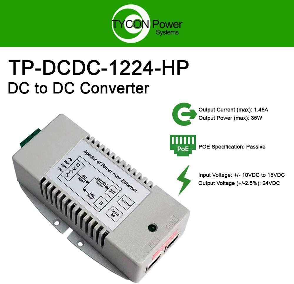 High Power DCDC Converter, 10-15VDC in, 24V 35W Passive PoE Out, Pins 4,5V+;7,8V-, Wire Terminal Input, Shielded,10/100MB, Low Voltage Disconnect