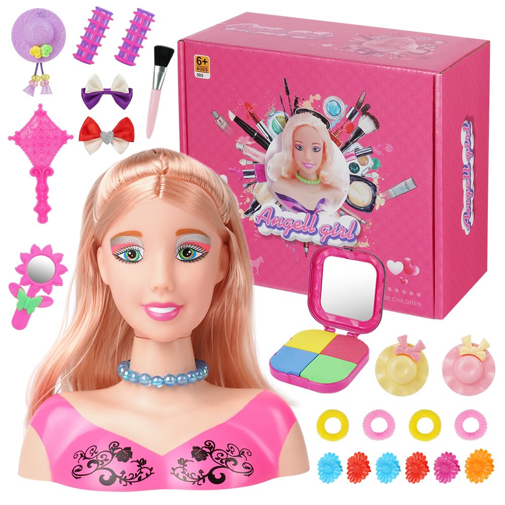 HOTUT Kids Hairdressing Makeup Doll Head, 21 Pcs Makeup Hairdressing Doll Styling Head Toy with Hair Accessories