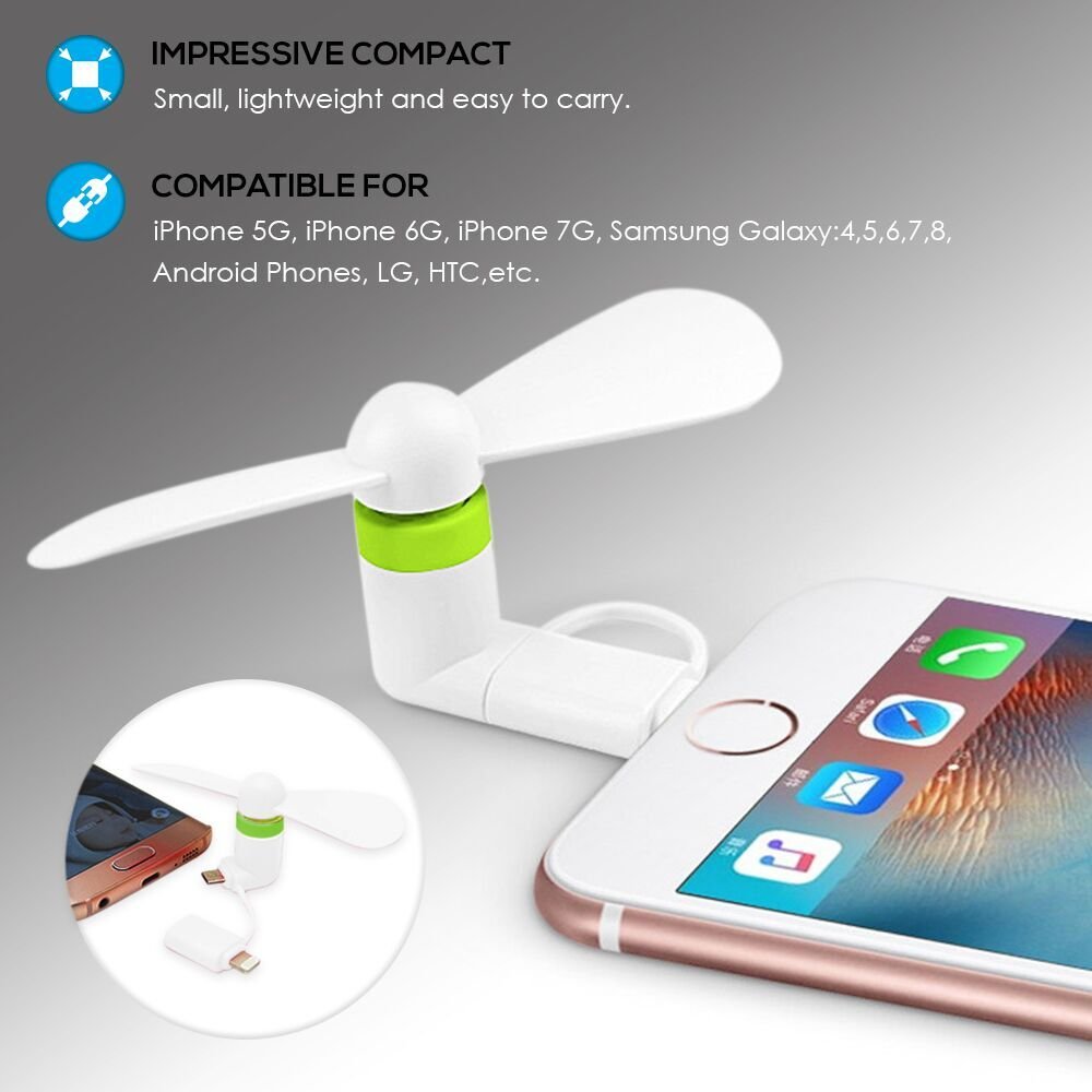 3 Portable USB Fan: Cell Phone Flexible Mini Fan – Compatible For: iPhone 6 – iPhone 5 – iPad – Samsung – Android Phone - OTG Function (SETS OF 3) (White)