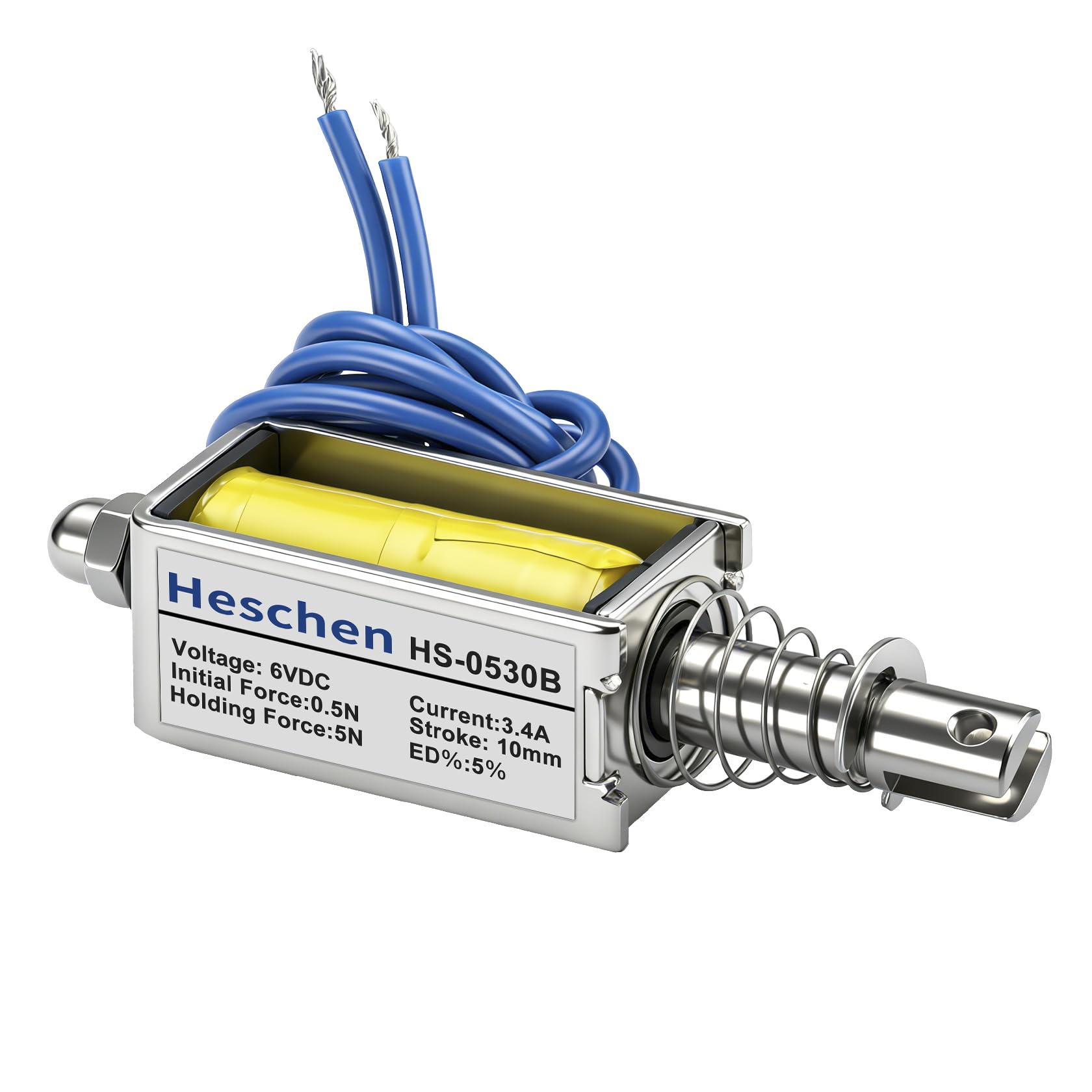 Heschen DC Solenoid Electromagnet, Push Pull Type, HS-0530B, DC6V 3.4A, 10mm Stroke, Initial Force 0.5N, Max Keep Force 5N, Open Frame, Linear Motion