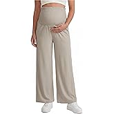 OUGES Womens Lyocell Cotton Maternity Pants Over Belly Smocked Waist Stretchy Casual Wide Leg Palazzo Pants with Pockets