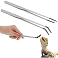 Lasnten 2 Pcs Extra Long Stainless Steel Reptile Feeding Tongs with Rubber Tip Bearded Dragon Aquarium Straight and Curved Long Tweezer Terrarium Feeder Tool for Tank(Silver, 10 Inch, 10.5 Inch)
