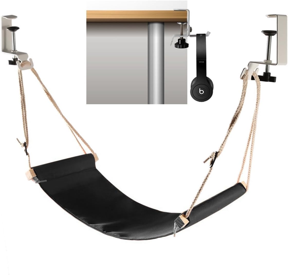 Foot Hammock Under Desk with Headphones Holder | Upgraded Adjustable Ergonomic Office feet Rest |New Screw in Rubber Clamps | Suitable for All desks | Black