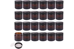 BPFY 24 Pack 2 oz Round Amber Glass Cosmetic Jars with Inner Liners and Black Lids, Travel Jars, Refillable Containers for Makeup, Cream, Lotion, Sugar Scrubs, Eye Shadow, Slime, Paint, Jewelry