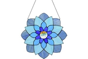 Karhuimoyi 12 Inch Round Stained Glass Window Panel Tiffany Style Ornament Handmade Blue Flower Suncatchers for The Windows Or Wall