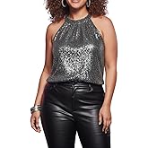 Sparkly Sequin Tops for Women Halter Tank Top Shiny Glitter Club Disco Rock Concert Outfit Sleeveless Dressy Shirt Blouse