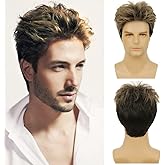 Tseses Blonde Mix Black Men Wigs Short Layered Wig for Male Guy Halloween Cosplay Party Costume Hair Synthetic Fiber Wig