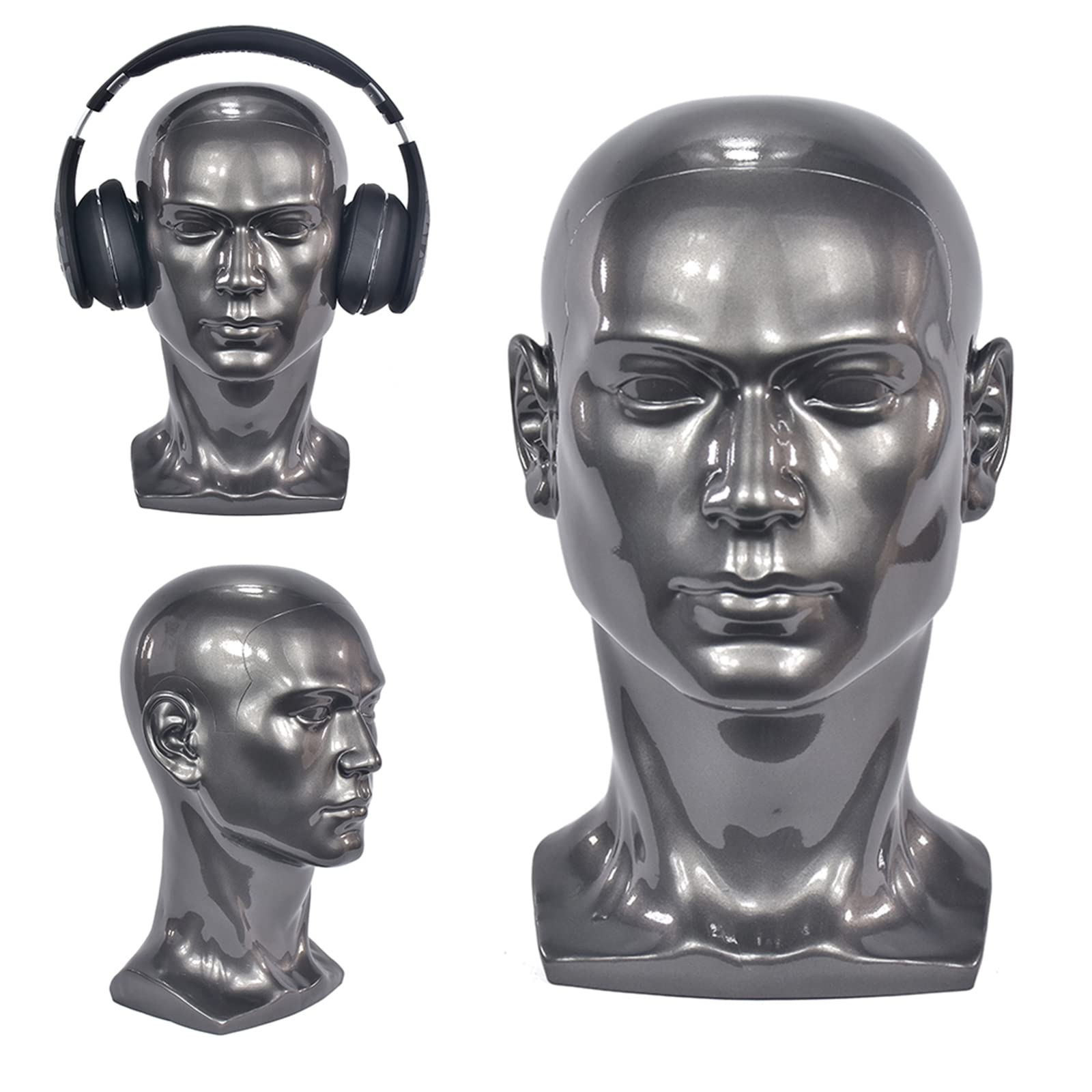 XT PVC Male Mannequin Head With Ears Professional Manikin Training Head for Display Wig Hats Glasses Facemask Caps Model Head Gray