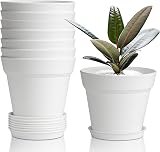 T4U 10cm Plastic Plant Pots 6-Pack with Saucers White Indoor Outdoor