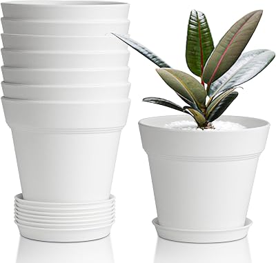 T4U 10cm Plastic Plant Pots 6-Pack with Saucers White Indoor Outdoor