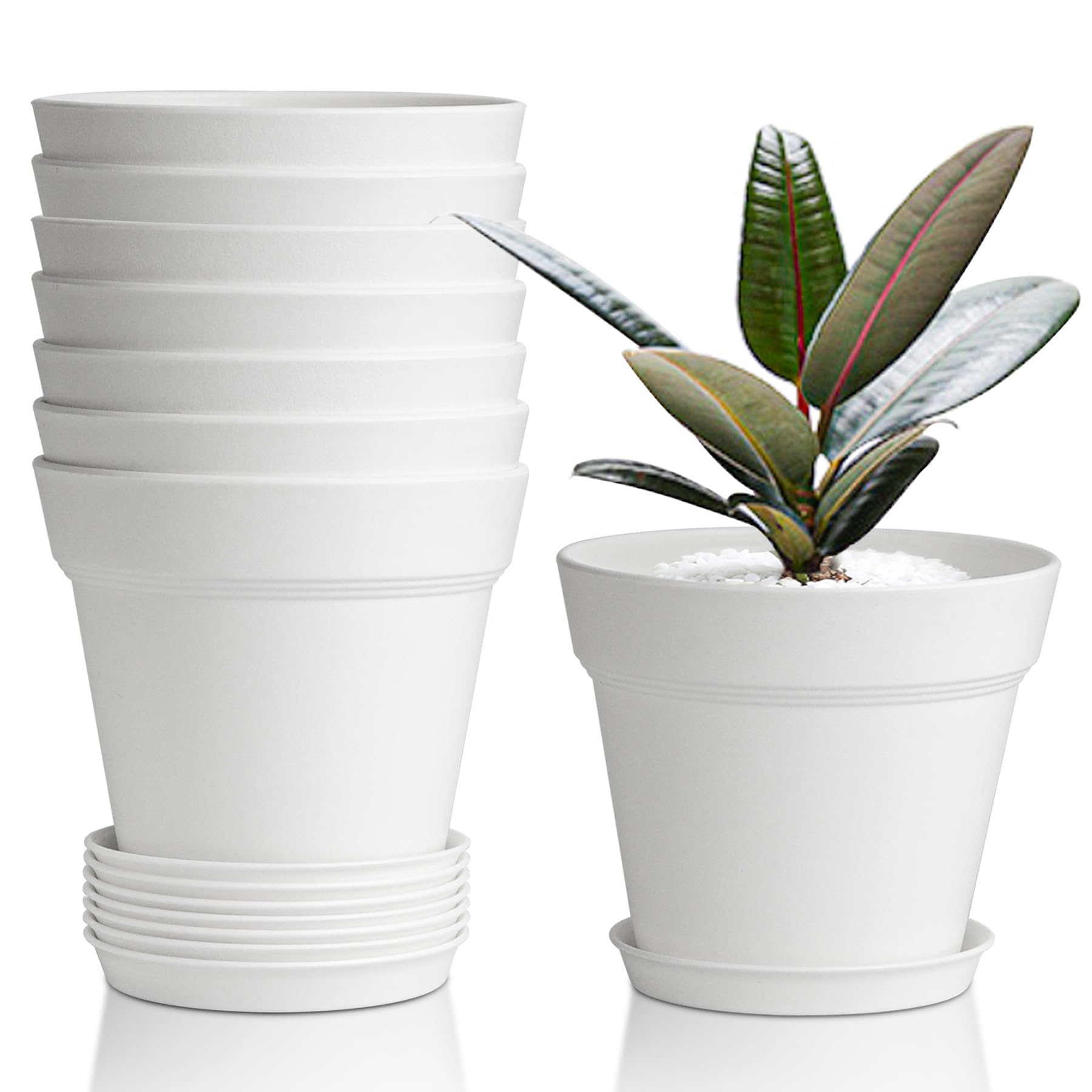 T4U 10CM Plastic Plant Pots 6-Pack, Small Flower Pot with Drainage Hole and Saucer, Classic Indoor Outdoor White Plant Pots for Succulent, Snake Plant, Aloe Vera and All House Plants