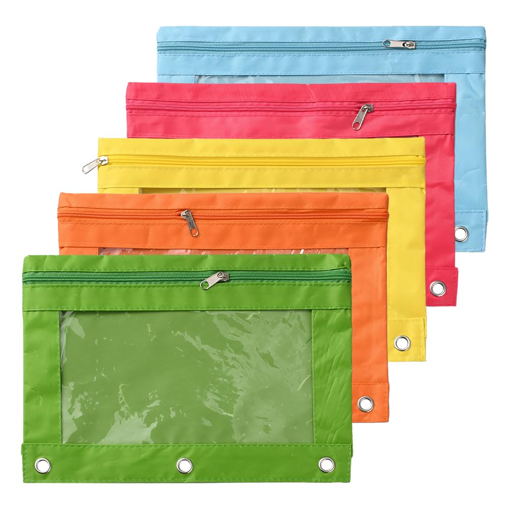 CRASPIRE 5Pcs 5 Colors Zippered Pencil Pouches for 3 Ring Oxford Cloth Pen Bags Cases Pouch Box Cosmetic Bags with Clear Window for Pencil Storing School Teacher Supplies Stationery