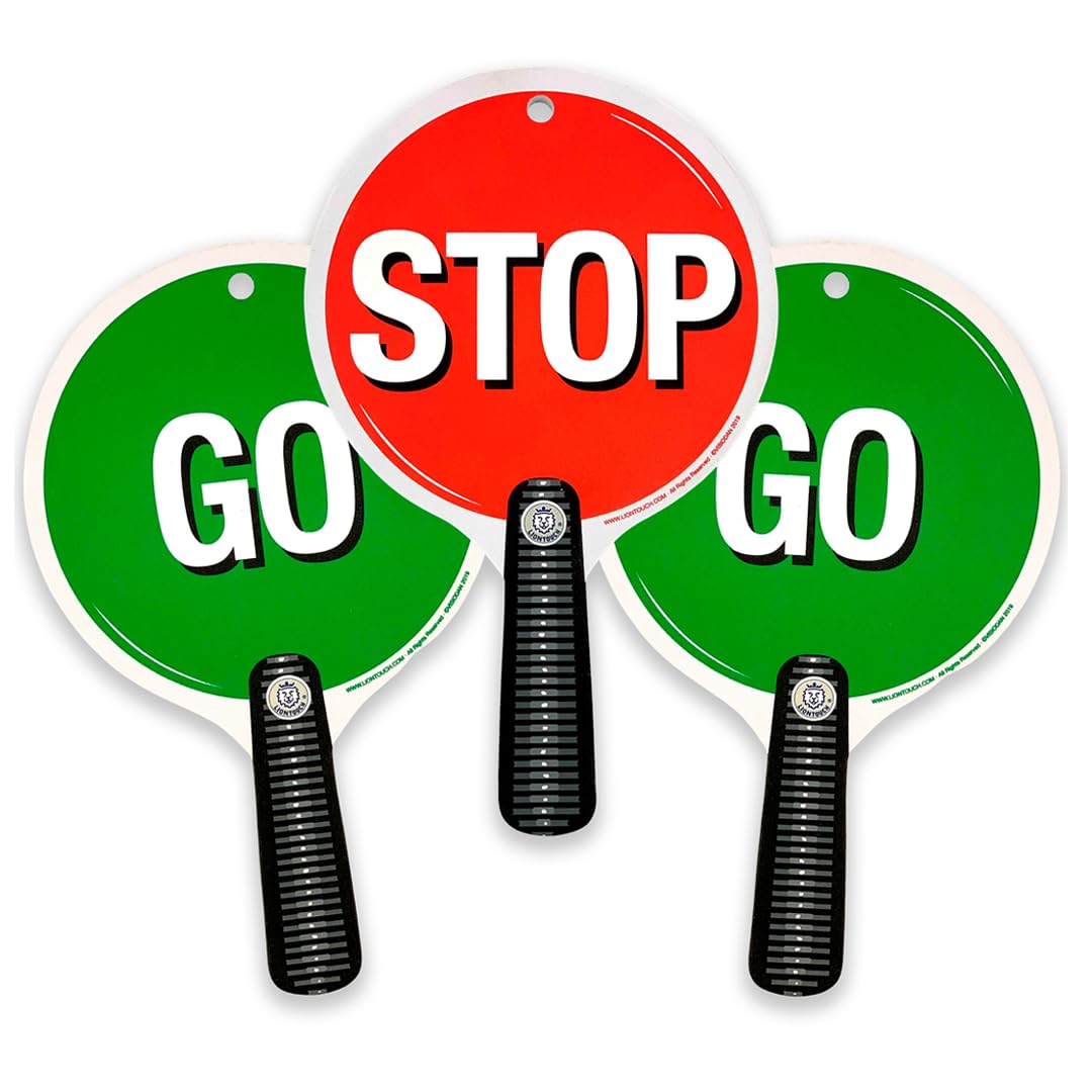 Liontouch - Stop & Go Signs, 3-Pack, Red & Green | 1+ Year - 22.6 x 14 cm | Durable & Reversible Lollipop-Shaped Foam Paddle For School Patrolling Kids | For Teaching Children Traffic & Street Safety