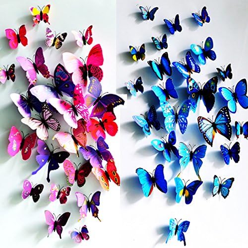 Epy Huts Kids' Wall Sticker Art Decor 3D Lively Butterflies DIY Art Wedding Decor Crafts 24 Pcs,12 Purple,12 Blue