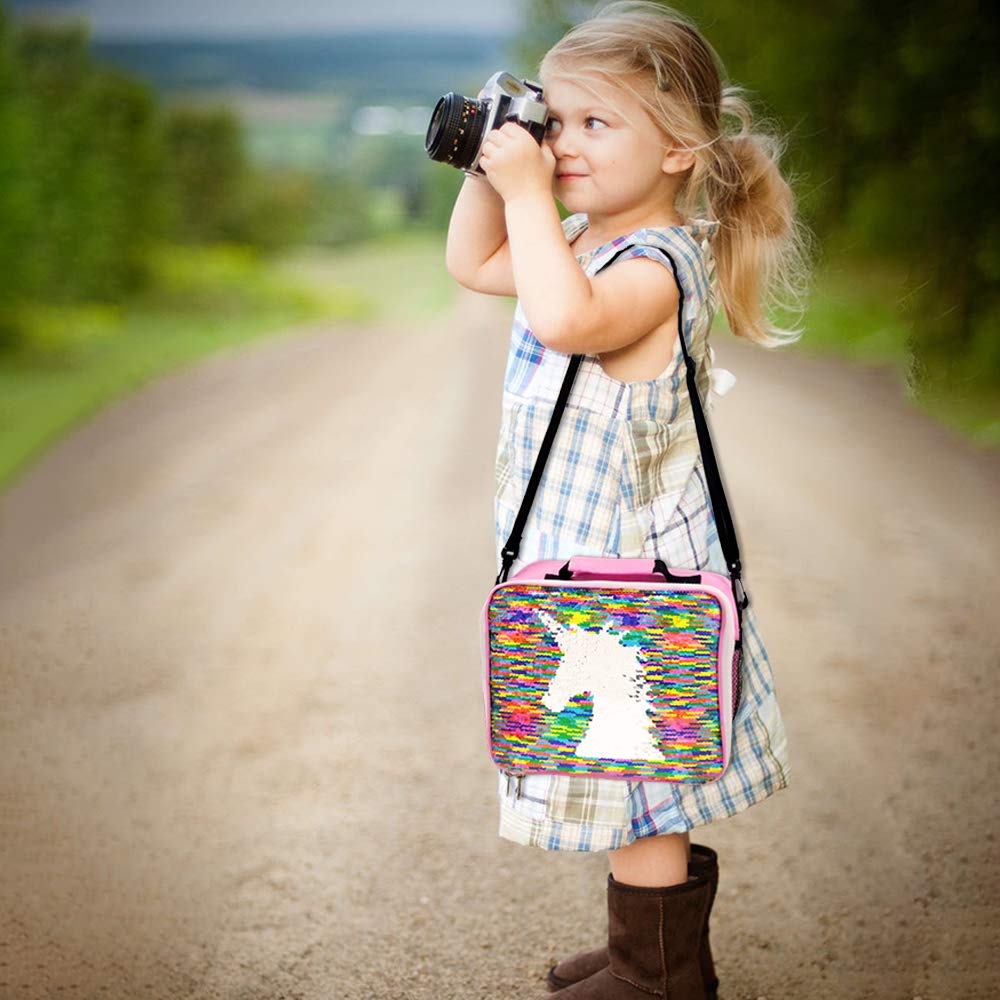 Insulated Unicorn Lunch Bag for Girls, Flippy Sequin Kids Lunch Box with Shoulder Strap and Compartment, Childrens Picnic Cooler Bag with Bottle Holder, Personalised Lunch Tote Bag for School