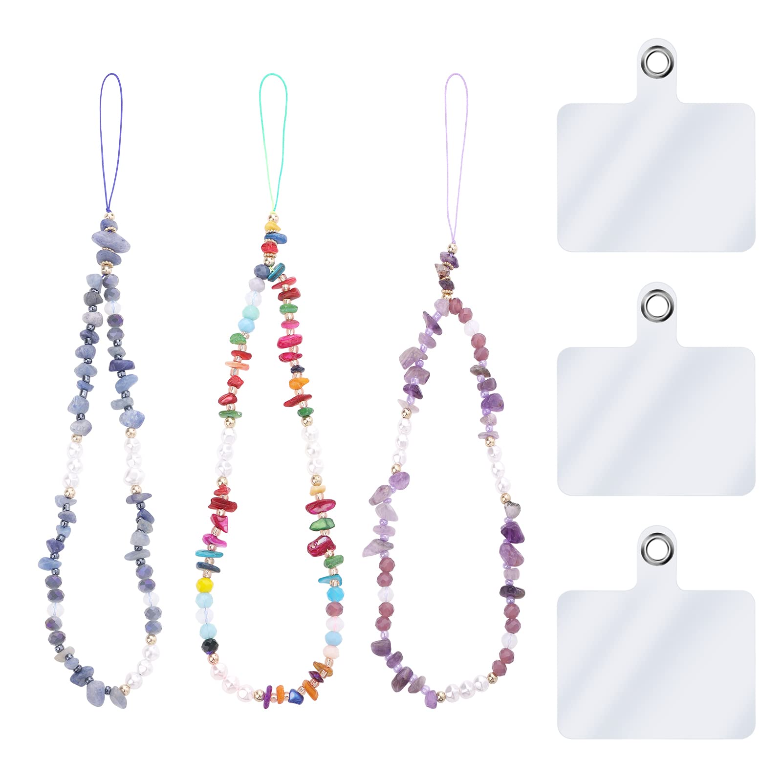 WLLHYF 3Pcs Beaded Phone Bracelet Strap Mobile Phone Charms Crystal Pearl Wrist Strap Colorful Ceramic Cell Phone Case Cute Non- slip Lanyard Pendant Wristband for Women Phone Keychain Charm, 23 cm