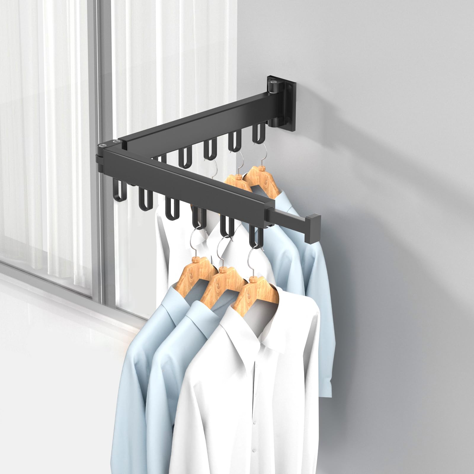 HONPHIER Drying Rack Laundry Collapsible Wall Mounted Clothes Drying Rack with Hooks Strong Clothes Airer Indoor Outdoor Saving Space Drying Racks for Balcony, Bathroom, Bedroom (Black, 2-Fold)
