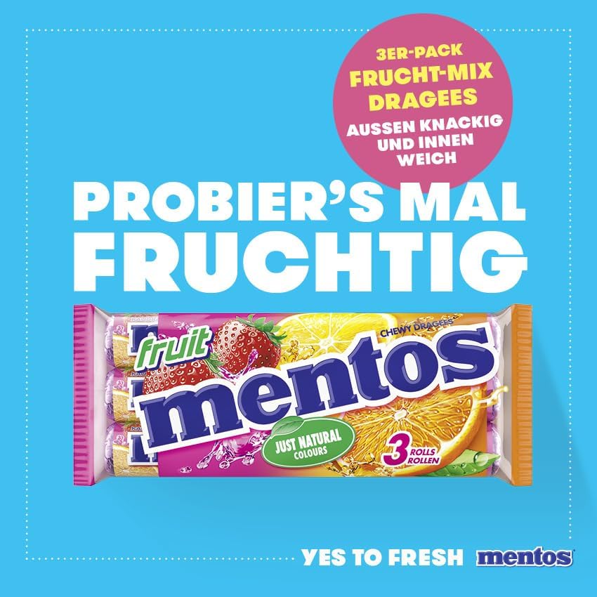Mentos Fruit Dragees, Frucht-Bonbons Orange, Zitrone und Erdbeere, Kaubonbons mit fruchtigem Geschmack, Süßigkeiten (3 Rollen), vegan 2