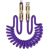 MFish 4-in-1 Coiled Universal Charging Cable with Carrying Case, 240W Max Fast Charger Cord, USB-A, Dual USB-C & Lighting, for iPhone 17/16/15/14 Series, iPad, MacBook (Purple Coiled, 6Ft)