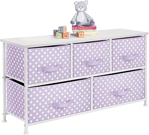 mDesign 5-Drawer Dresser Storage Unit - Sturdy Steel Frame, Wood Top and Easy Pull Fabric Bins in 2 Sizes - Multi-Bin Organizer for Child/Kids Bedroom or Nursery - Light Purple with White Polka Dots