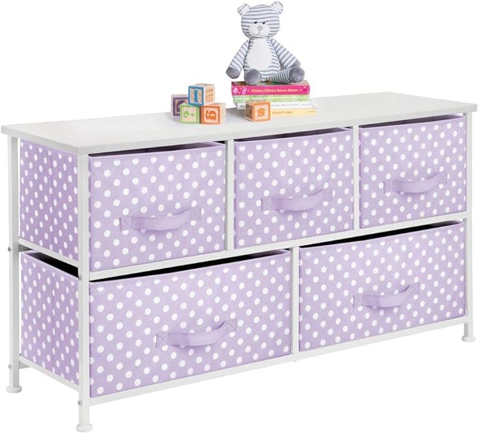 mDesign 5-Drawer Dresser Storage Unit - Sturdy Steel Frame, Wood Top and Easy Pull Fabric Bins in 2 Sizes - Multi-Bin Organizer for Child/Kids Bedroom or Nursery - Light Purple with White Polka Dots