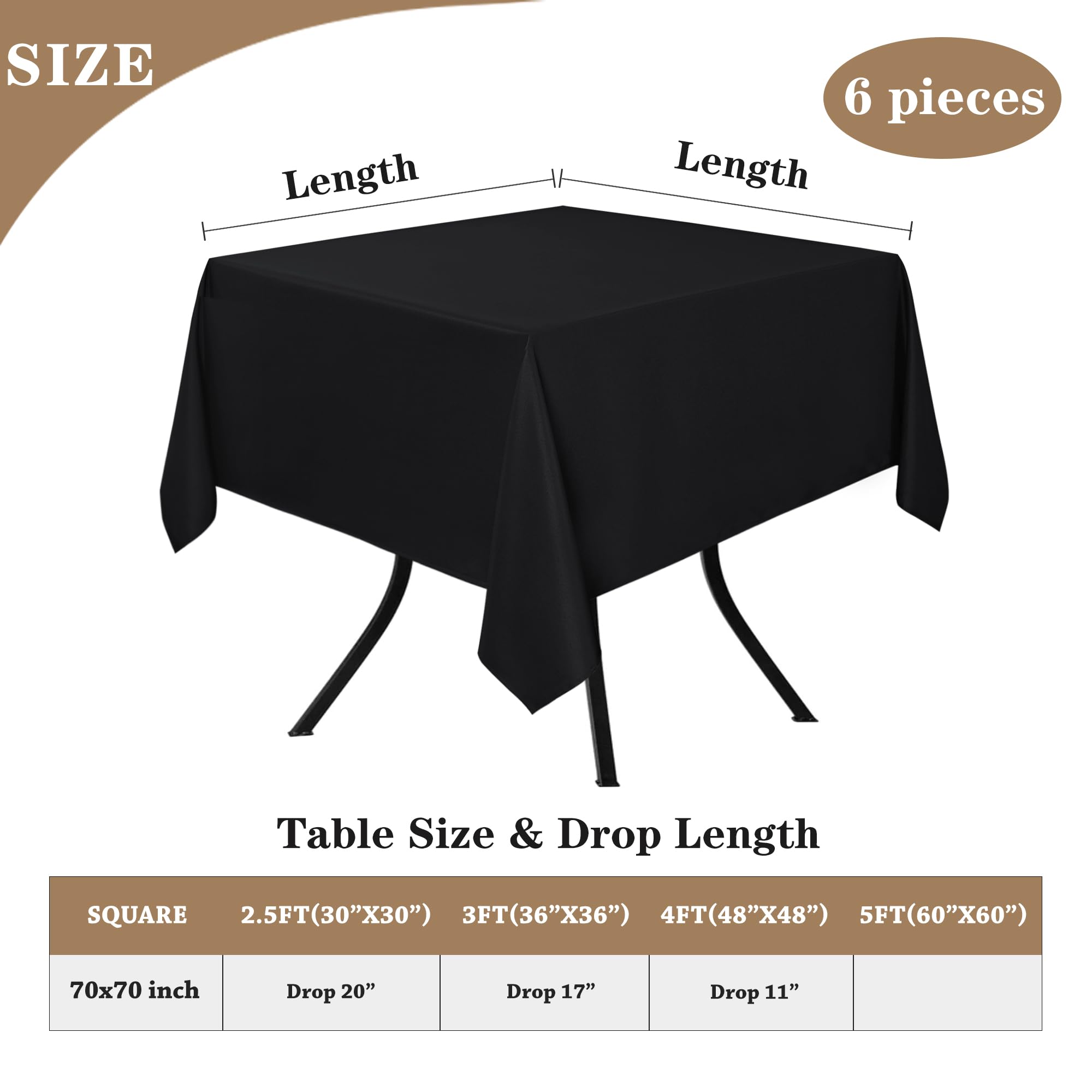 Fitable 6 Pack Black Square Tablecloths 70 X 70 Inches Stain