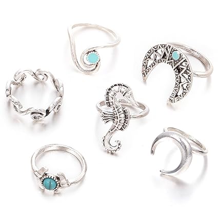 Qinlee 6PCS Retro Ringe Gelenkring Einfach Seahorse Mond Stein Stil Siegelring Böhmen Ringe Hochzeiten Bankette Jahrestag Par