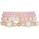 Dainty 4pcs Layered Simulated Pearl Beaded Stackable Stretch Chunky Bracelets Adjustable Elegant Multilayered Bangles Sweet Wedding Bridal Statement Jewelry for Women