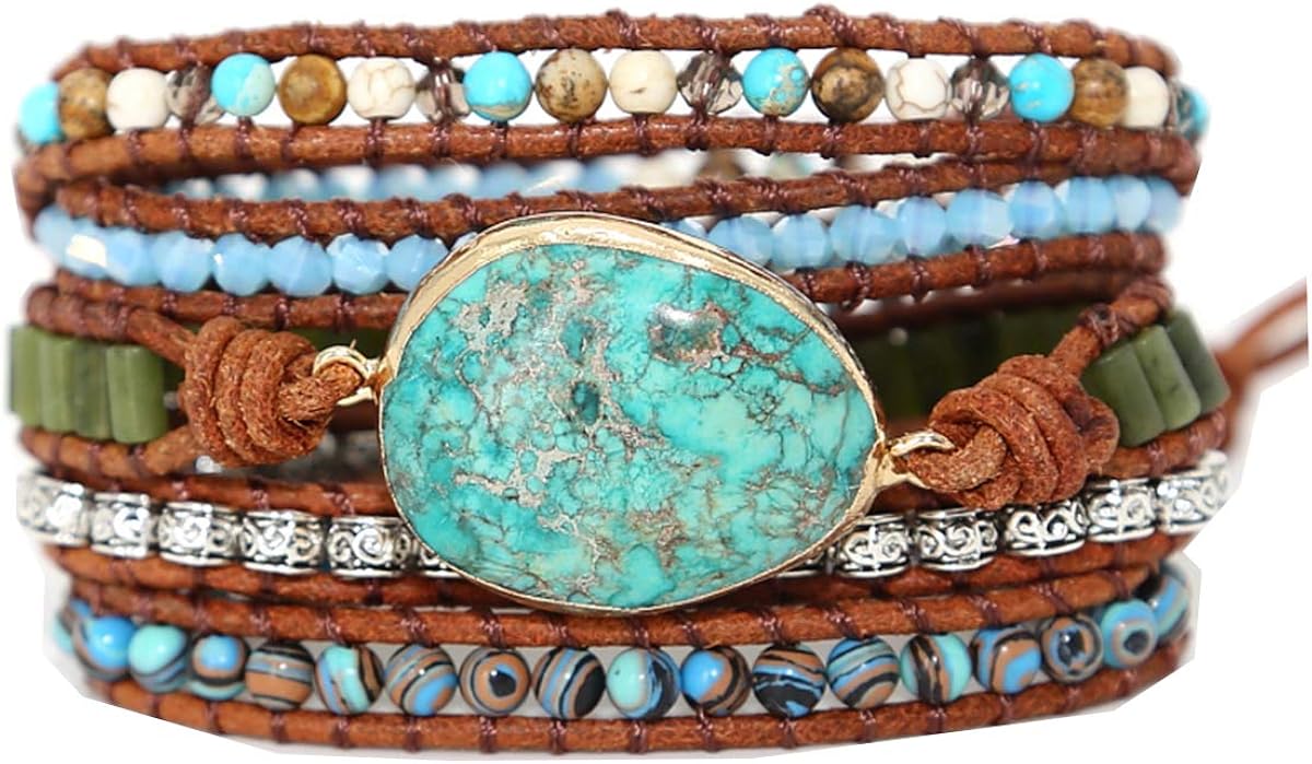 Starto 5 Wrap Bracelet Handmade Natural Stone Jasper Druzy Leather Boho Bracelets Jewelry (Green Opal): Clothing