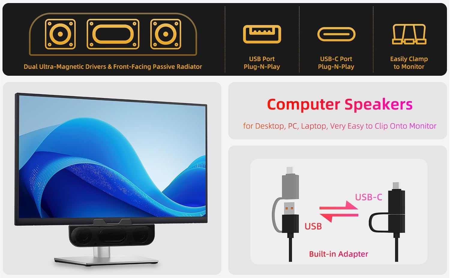 YsyYey USB Stereo Lautsprecher mit Monitor-Klemme, PC Soundbar mit Stereo-Sound, verstärktem Bass & 3 Tasten, Plug & Play, kompatibel mit Windows/macOS/Android – Homeoffice 2