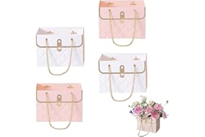 NADUSEP 4 PCS Flower Paper Gift Box, Bouquet Storage Bucket Florist Handbag with Metal Chain, Gift Craft Wrap Bag for Wedding Party Valentine's Day Birthday Mother's Day Bridal Shower Gift Wrap Bags (White Pink)
