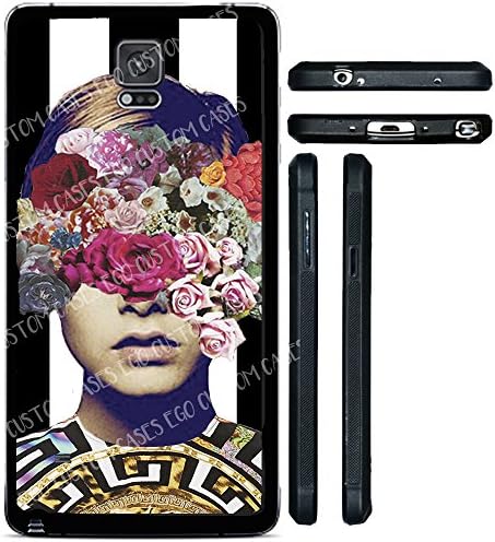 (Note 4 IV) EGO CUSTOM CASES Fashion Twiggy With Floral Art on Black and White Striped Background TPU Rubber Silicone Case