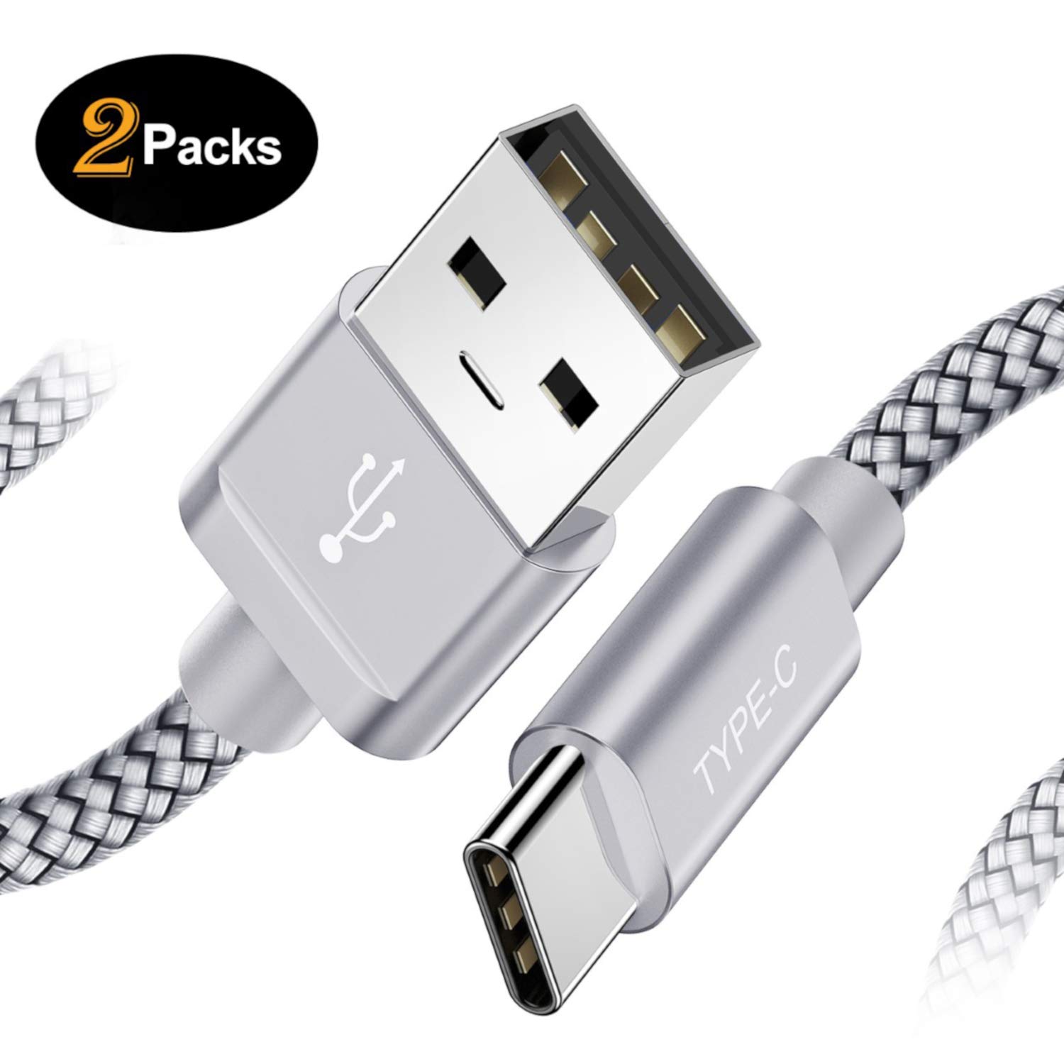 USB Type C Charger Cable 6.6FT,2-Packs,Basesailor Nylon Braided Charging Cord,Works with Samsung Galaxy Note 9 8 S8 S9 Plus,LG V40 V35 V30 G7 G6 Thinq,Google Pixel 3 2 XL,Moto Z3,ZTE Blade Zmax,Silver