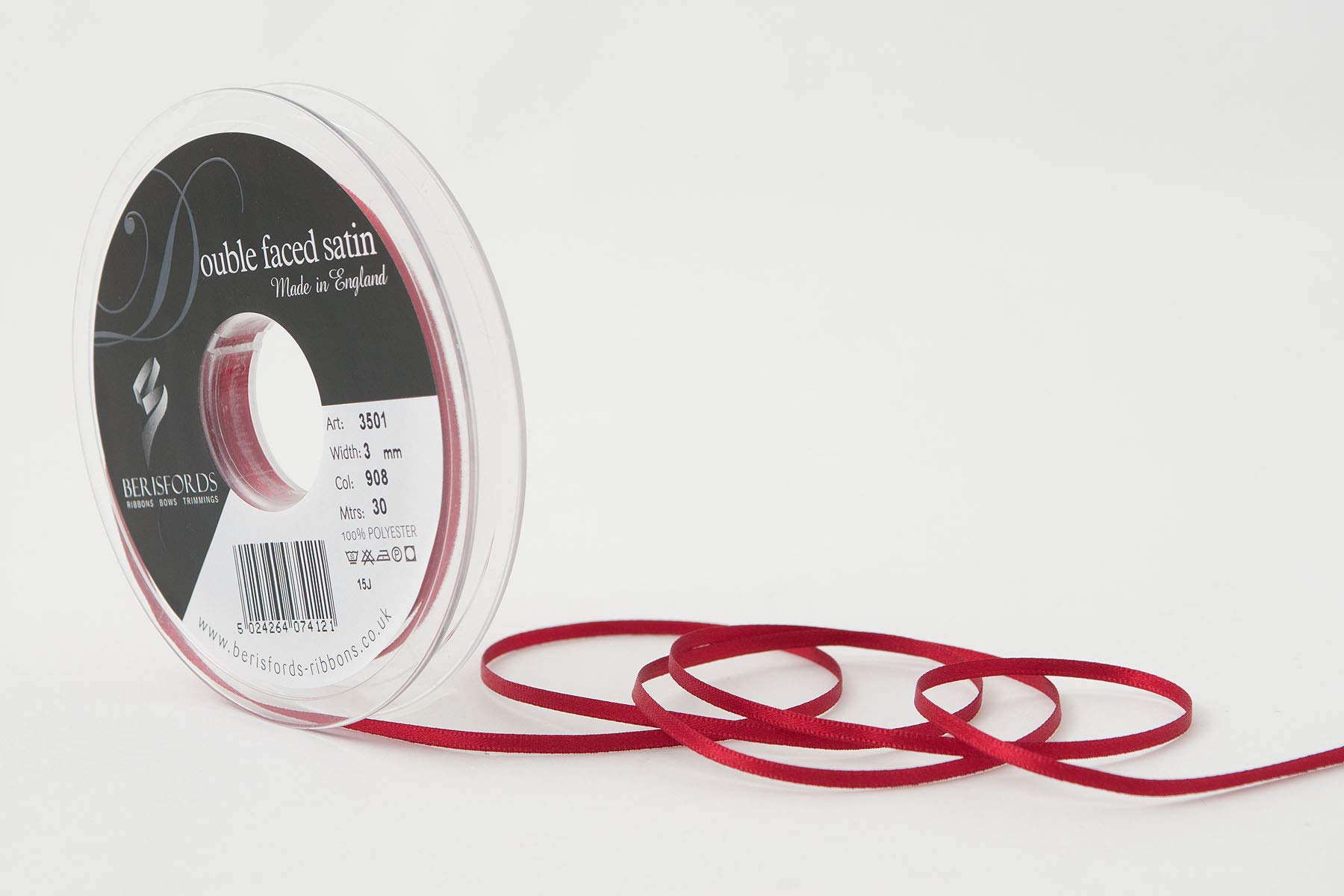 Berisfords Double FACE Poly Satin Ribbon, Scarletberry, 3 mm — image 1