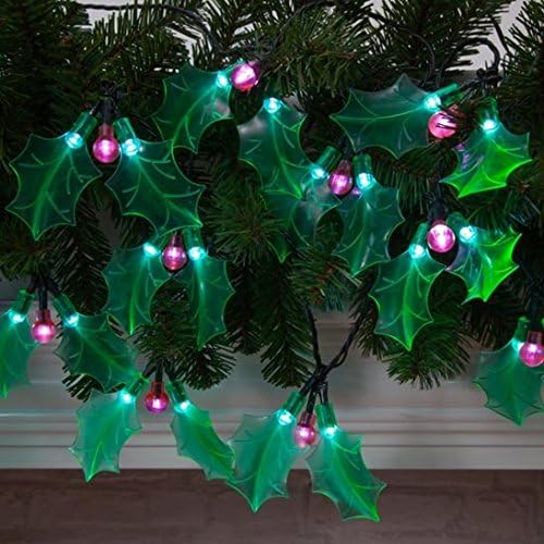 Battery Powered Green Holly Christmas Lights with Red Berries