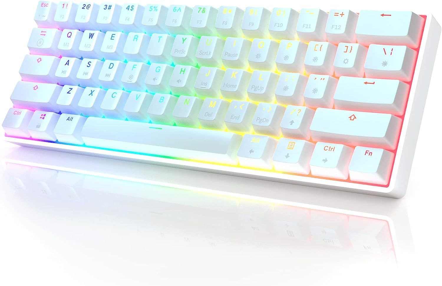 HKKB GK61 Mechanical Gaming Keyboard 60 Percent | 61 RGB Rainbow LED Backlit Programmable Keys | USB Wired | For Mac and Windows PC | Hotswap Gateron Optical Yellow Switches | White
