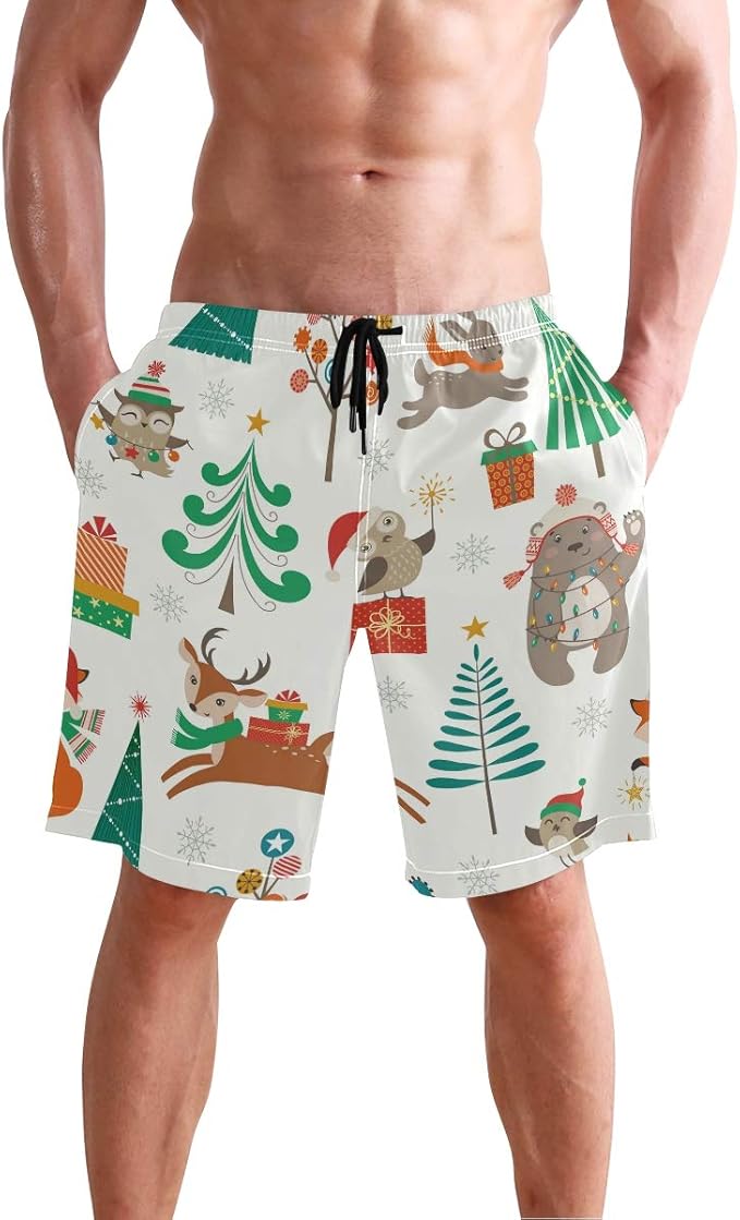 BONIPE Men's Swim Trunks Merry Christmas Reindeer Tree Quick Dry Board