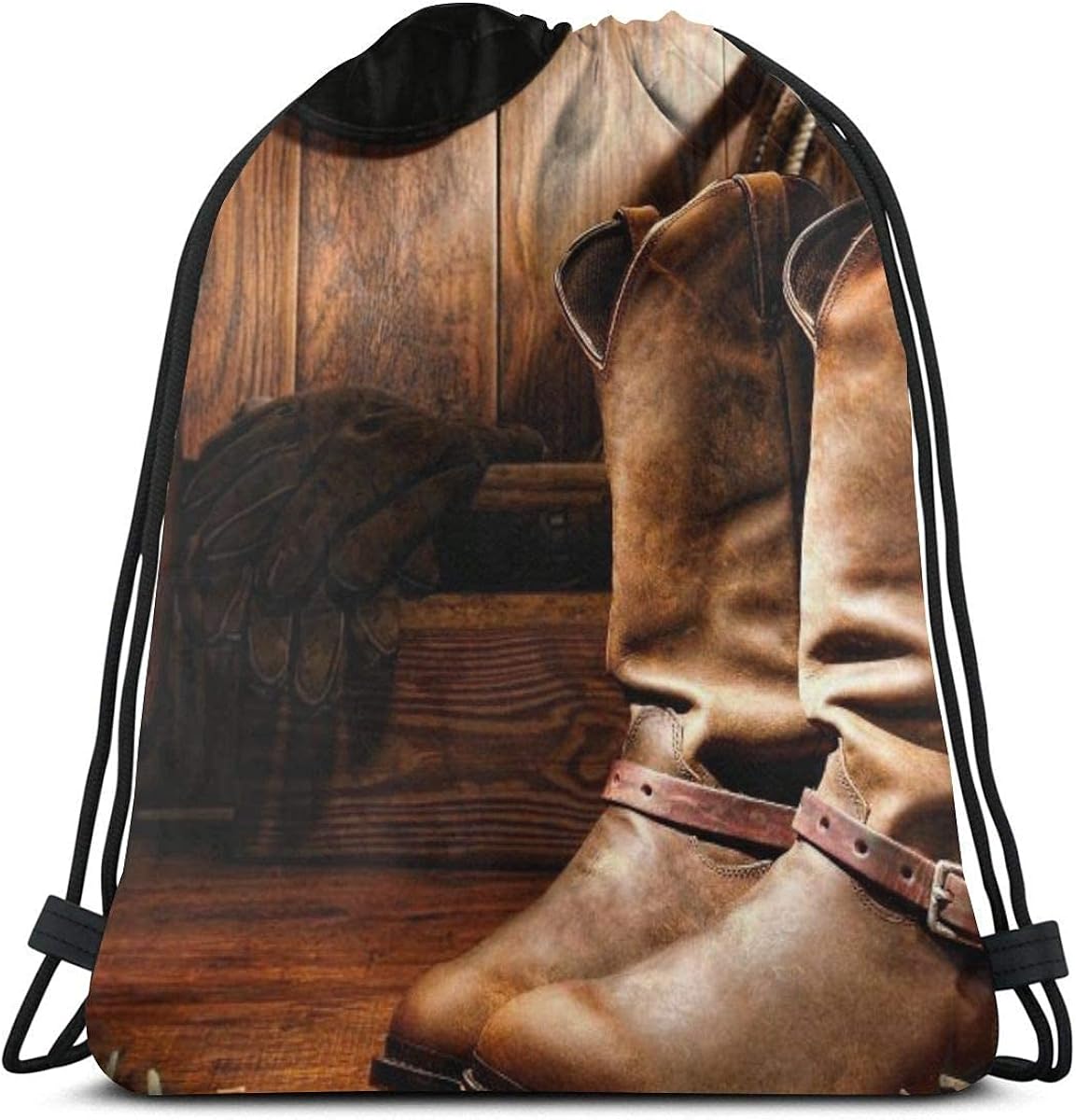 Drawstring Bag Vintage American Western Cabin Cowboy Boot Drawstring