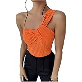 GORGLITTER Women's Twist Front One Shoulder Bodysuit Sleeveless Backless Asymmetrical Neck Tank Top Jumpsuits