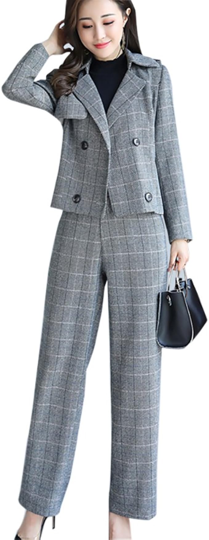 Amazon レディース スーツ パンツ 2点セット 格子柄 スーツ 細身スーツ 上品な スーツ セットアップ 通勤 入学式 卒業式 面接 大きいサイズ M グレー スーツ 通販