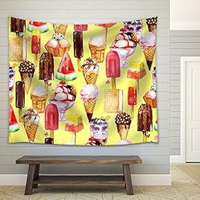 Ice Cream Mix. Watercolor Seamless Pattern. - Fabric Wall Tapestry Home Decor - 51x60 inches