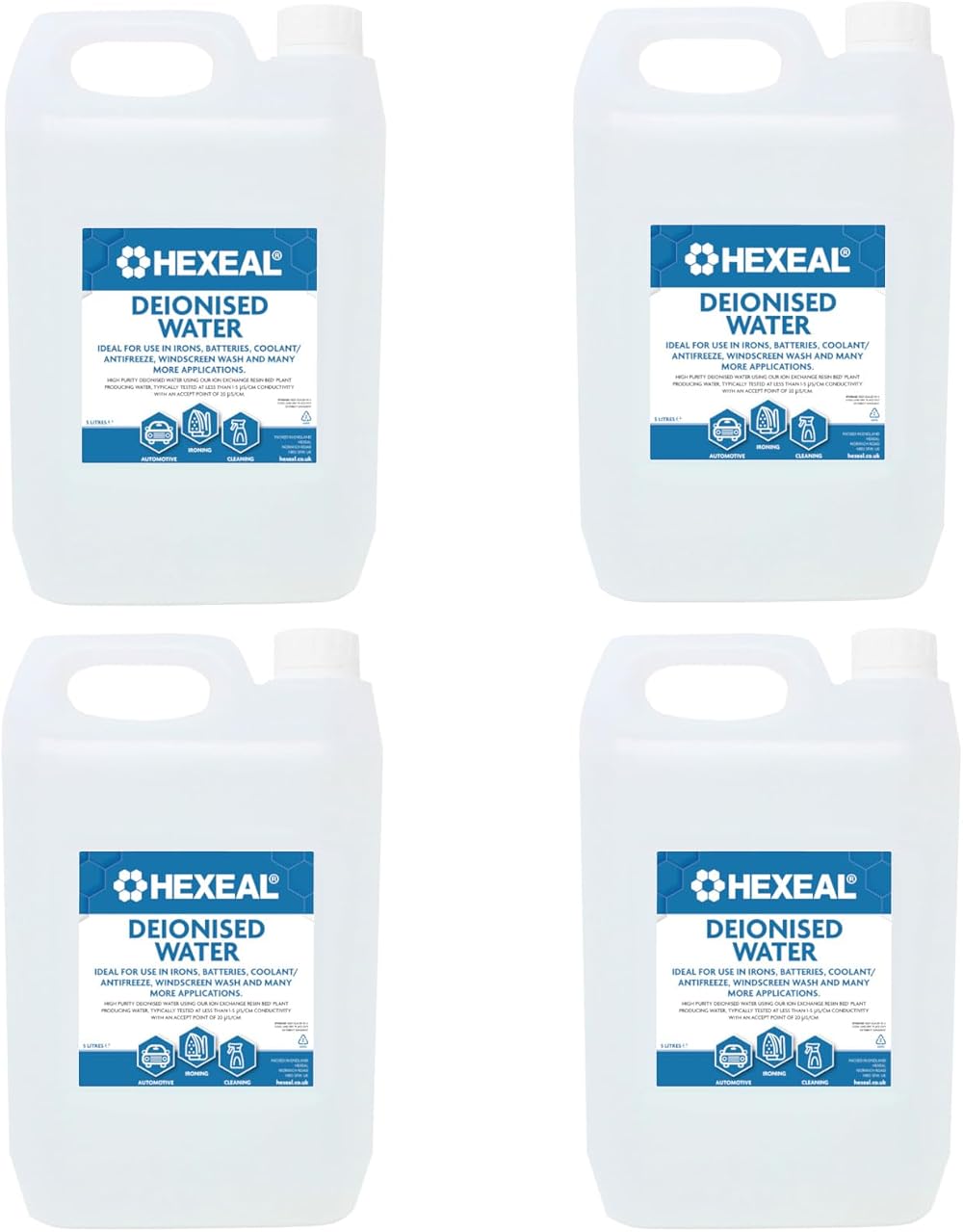 Hexeal Deionised Water 20L 4x5L for Irons, Windscreen, Lab Use High Purity