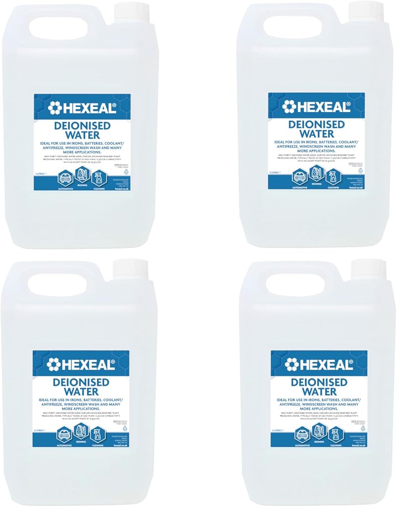 Hexeal Deionised Water 20L 4x5L for Irons, Windscreen, Lab Use High Purity